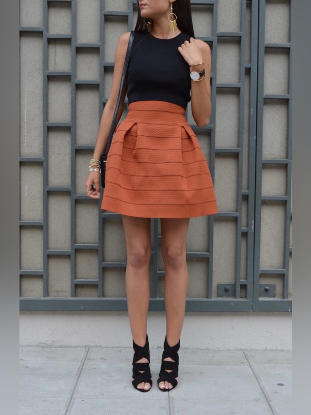 VTG H&M Hennes Collection Y2K Orange Waffle Knit Flared Mini Skirt Small